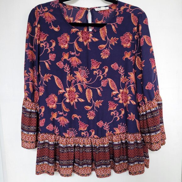 Beach Lunch Lounge Boho Floral Tunic Top 3/4 Bell Sleeve - Picture 4 of 13